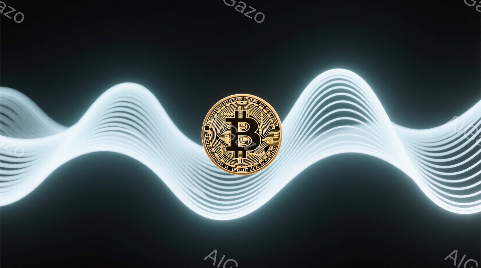 濃い灰色の背景に、ビットコインのシンボルが中央に配置されています。シンボルの周囲には、光の波のような曲線が放射状に広がっており、未来的な印象を与えます。全体として、テクノロジーと金融を象徴する、洗練されたモダンなイメージです。