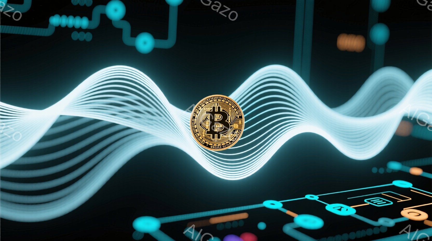 鮮やかなターコイズブルーの電子回路が暗い背景に描かれ、中央には金色のビットコインが配置されています。ビットコインの周囲には、光の波紋が放射状に広がっており、デジタル通貨のエネルギーとテクノロジーを象徴しています。全体的に近未来的な雰囲気で、金融とテクノロジーの融合を表現しているように見えます。