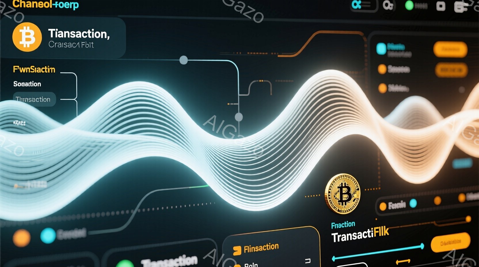 複雑な線のネットワークが背景に広がり、金融取引やデジタル通貨の概念を想起させる抽象的な画像です。右側にはビットコインのアイコンが輝いており、画面全体が暗い青とオレンジの配色で、現代的で技術的な雰囲気を - AI生成フリー素材