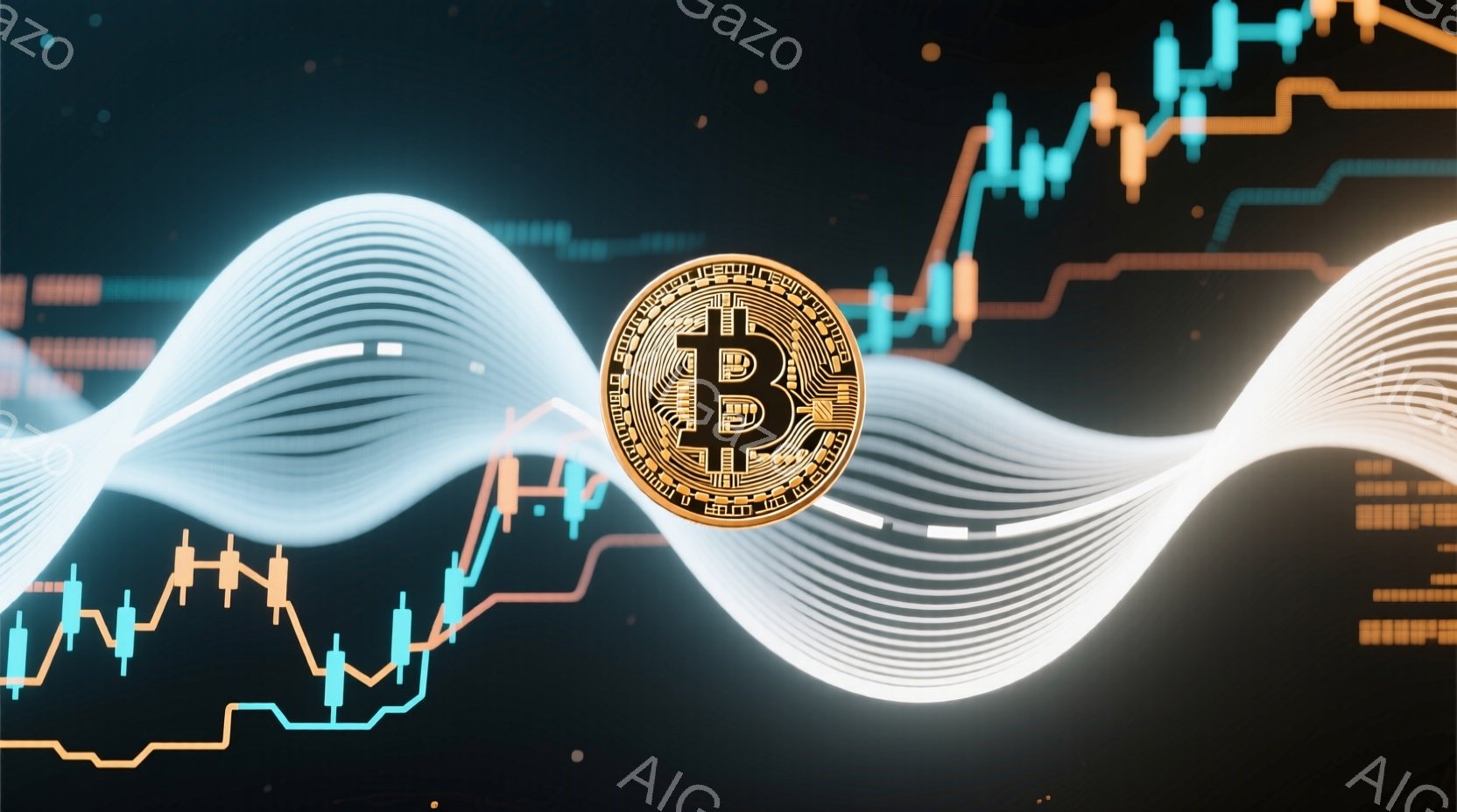 画像は暗い背景に、ビットコインのシンボルが中央に配置され、青と赤の線グラフが波のような形で配置されています。線グラフは金融市場の変動を示唆し、ビットコインのシンボルはそれらの変動の中心にあることを示唆しています。全体的に、この画像は暗号通貨市場のダイナミックで不安定な性質を表現しています。