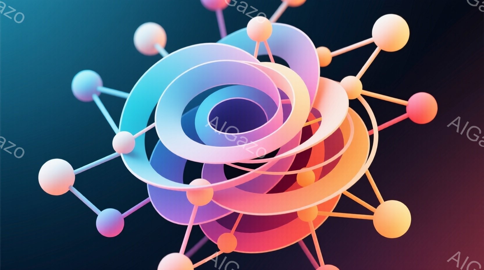 鮮やかな色彩の渦巻き状の抽象的なオブジェが描かれている。ピンク、オレンジ、紫、青が混ざり合い、流れるような曲線が複雑に絡み合っている。背景はグラデーションの深い青色で、全体として未来的な、または科学的 - AI生成フリー素材