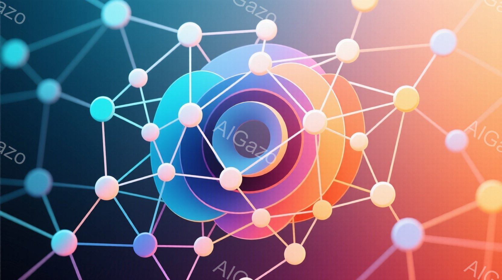 鮮やかな色彩の同心円が中央に配置され、その周囲に点線で結ばれた球体がネットワーク状に広がっています。背景はグラデーションで、オレンジ、ピンク、青が混ざり合い、全体的に未来的な印象を与えます。この抽象的な構図は、つながりや複雑さを視覚的に表現しており、非常にダイナミックで魅力的です。