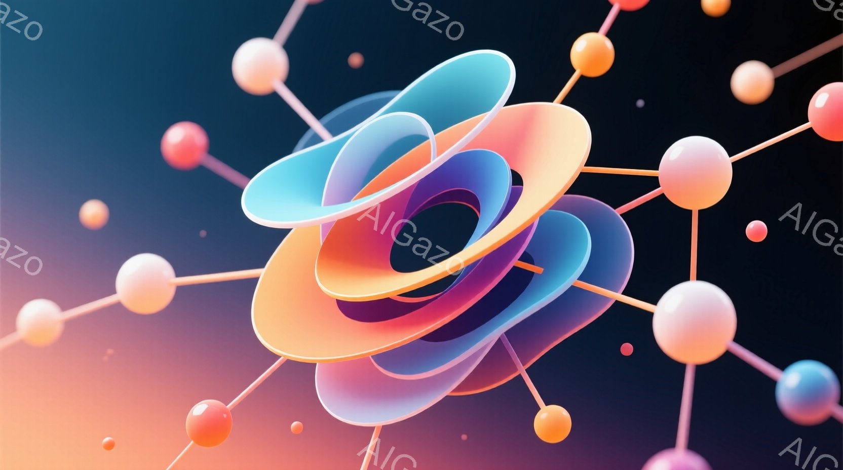 鮮やかな色彩の抽象的な形状が、暗い背景に浮かび上がっています。オレンジ、紫、水色の層が重なり合い、流動的で未来的な印象を与えます。周囲には小さな球体が散りばめられており、まるで分子構造や宇宙空間を連想 - AI生成フリー素材