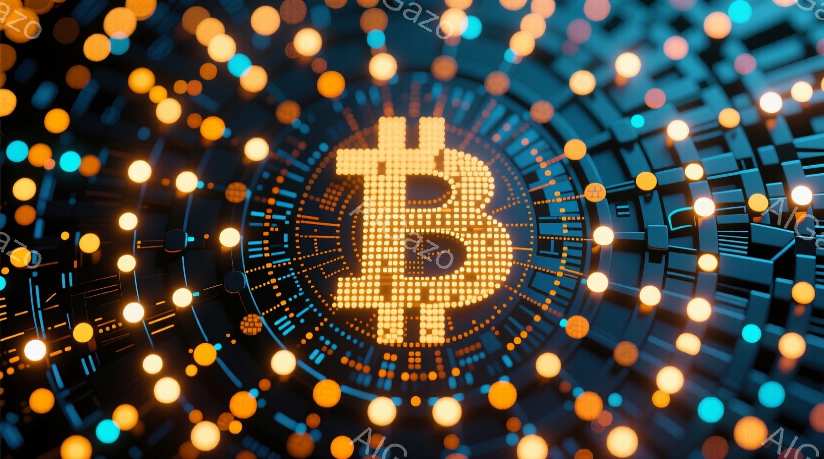 この画像は、暗い背景に浮かぶビットコインのシンボルを捉えています。シンボルは、明るいオレンジ色の光るドットで構成され、複雑な電子回路のようなパターンに囲まれています。全体的に、未来的なテクノロジーと暗 - AI生成フリー素材