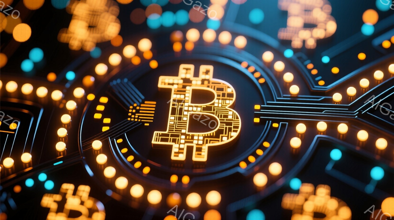 この画像は、ビットコインのシンボルが強調された、鮮やかなデジタル背景を捉えています。シンボルはオレンジ色に光り、複雑な回路図のような線と多数の小さな光点に囲まれています。全体として、テクノロジー、金融 - AI生成フリー素材