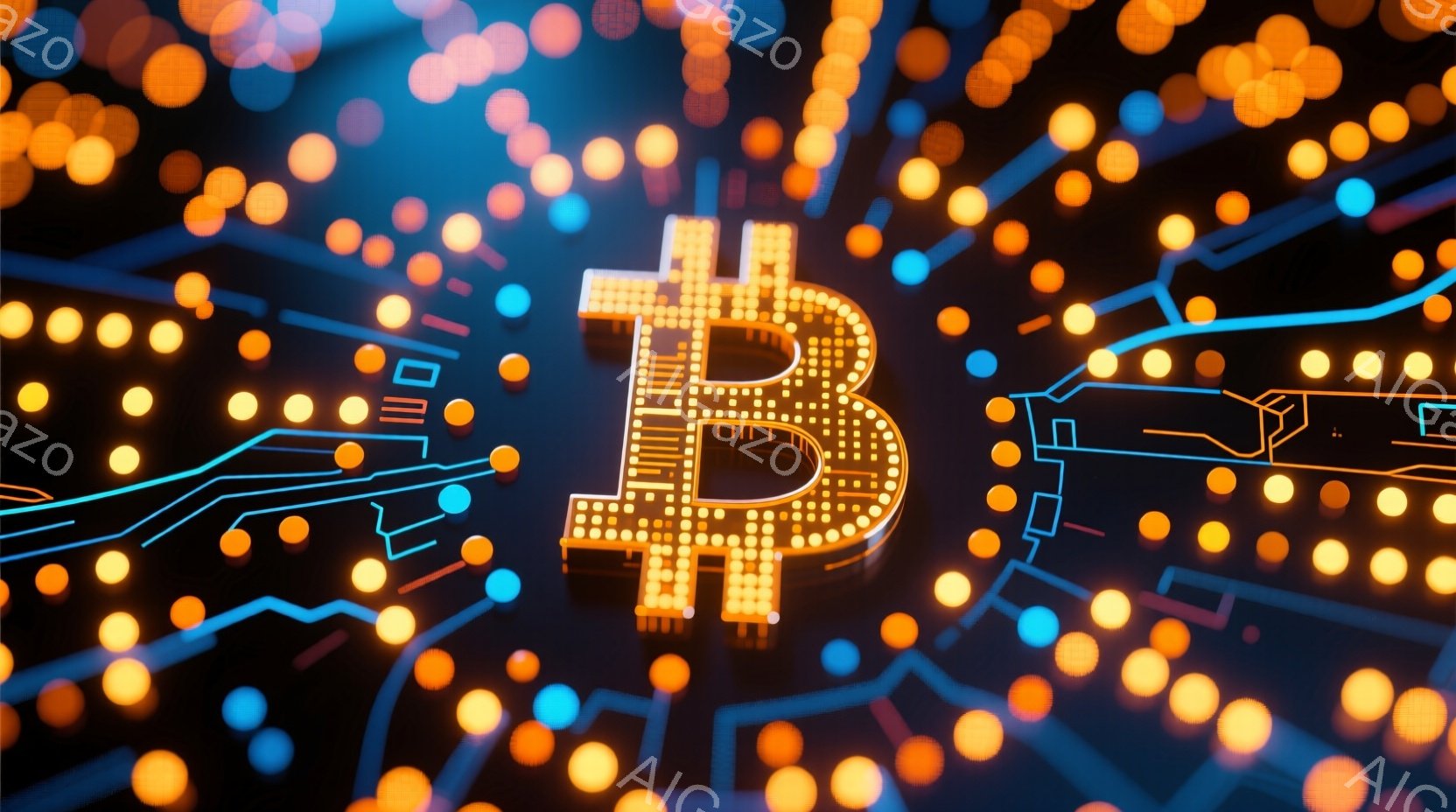 鮮やかなオレンジ色の光を放つビットコインの記号が、暗い背景に浮かび上がっています。背景には、細い青い線が網の目のように張り巡らされ、オレンジ色の光点と組み合わさって、まるでサイバー空間のような未来的な - AI生成フリー素材