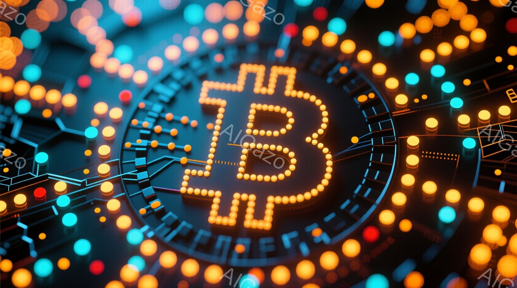 この画像は、点灯した小さな球体で構成されたビットコインの記号（₿）を中心に、複雑な回路基板のような背景が広がっています。暖色系のオレンジと青色の光が混ざり合い、未来的な技術感とエネルギーを感じさせます - AI生成フリー素材