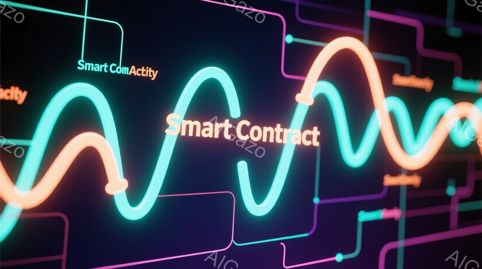 鮮やかなネオンカラーの曲線が、暗い背景を駆け抜けています。曲線は光り輝き、未来的なエネルギーを感じさせます。画面の隅には「SmartComity」という文字が繰り返し表示されており、技術的なテーマを示唆しています。