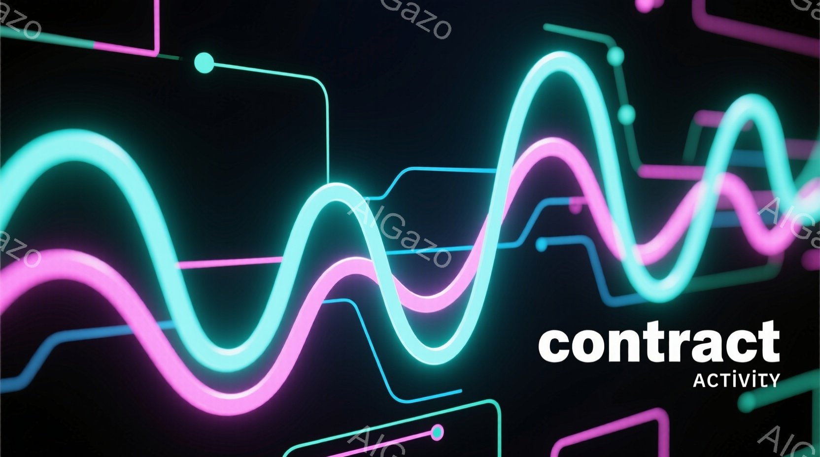 鮮やかなピンクと水色の光の線が、複雑に絡み合いながら画面中央を波打つように走っている。背景は暗く、線が発光しているため、コントラストが非常に強い印象を与える。右下には「contract ACTIVITY」という文字が白く記されている。