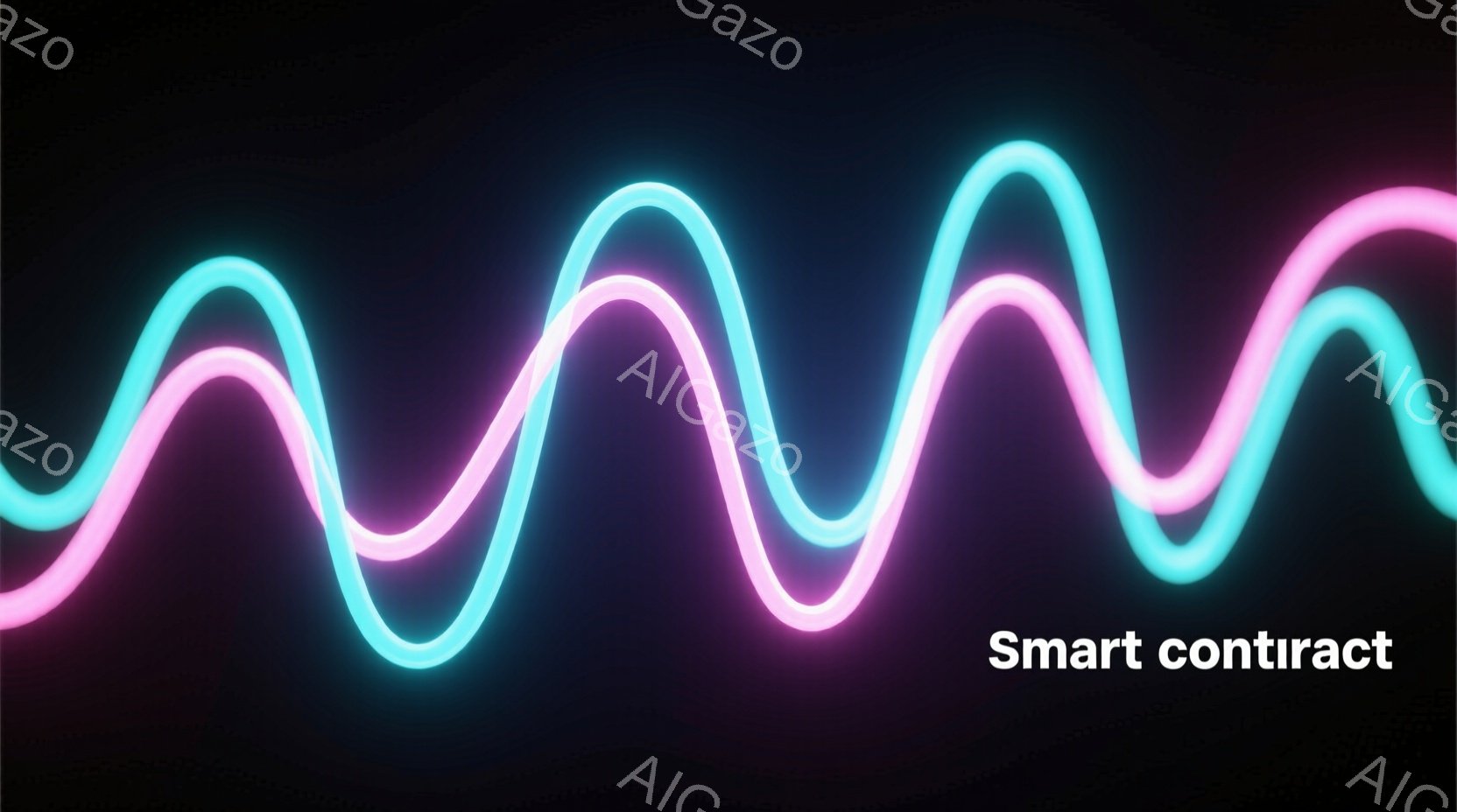 暗い背景に、ピンクとターコイズブルーのネオンライトのような曲線が、波打つように並んでいます。光は滑らかで、未来的な印象を与え、まるでエネルギーの流れやデジタル信号を視覚化したようです。全体として、鮮やかでモダンな雰囲気の抽象的な画像です。