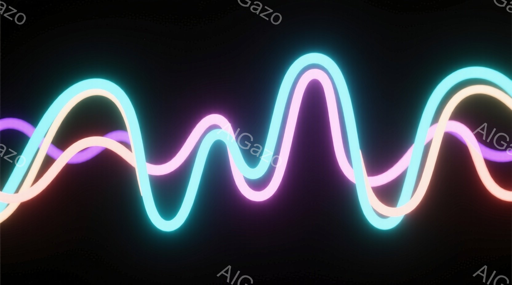 鮮やかなピンク、水色、オレンジ色のネオンライトが、暗い背景の中で波打つように配置されている。光の線は、滑らかで流れるような曲線を描き、エネルギーと動きを感じさせる。全体的に、未来的で抽象的な雰囲気であり、サイバーパンクやデジタルアートを連想させる。