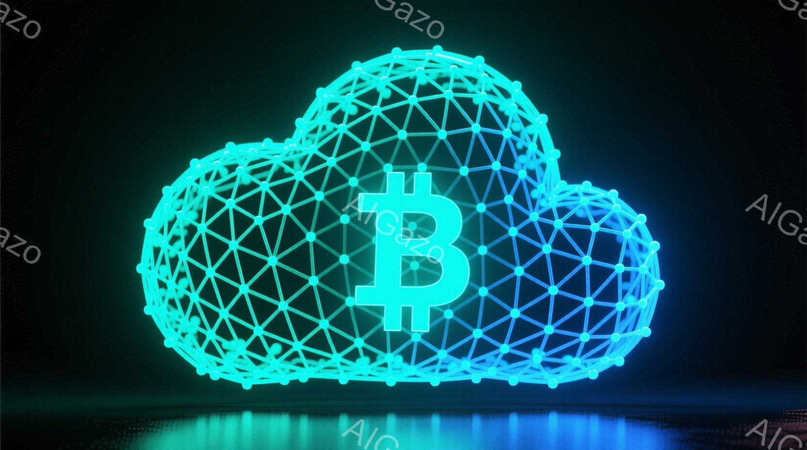 鮮やかなターコイズブルーの線で構成された雲のような形状の中に、ビットコインのロゴが配置されています。下部には、光沢のある青い反射面があり、ロゴと雲の形状が映し出されています。全体的に、未来的なテクノロジーと金融を象徴する、クールで洗練された雰囲気です。