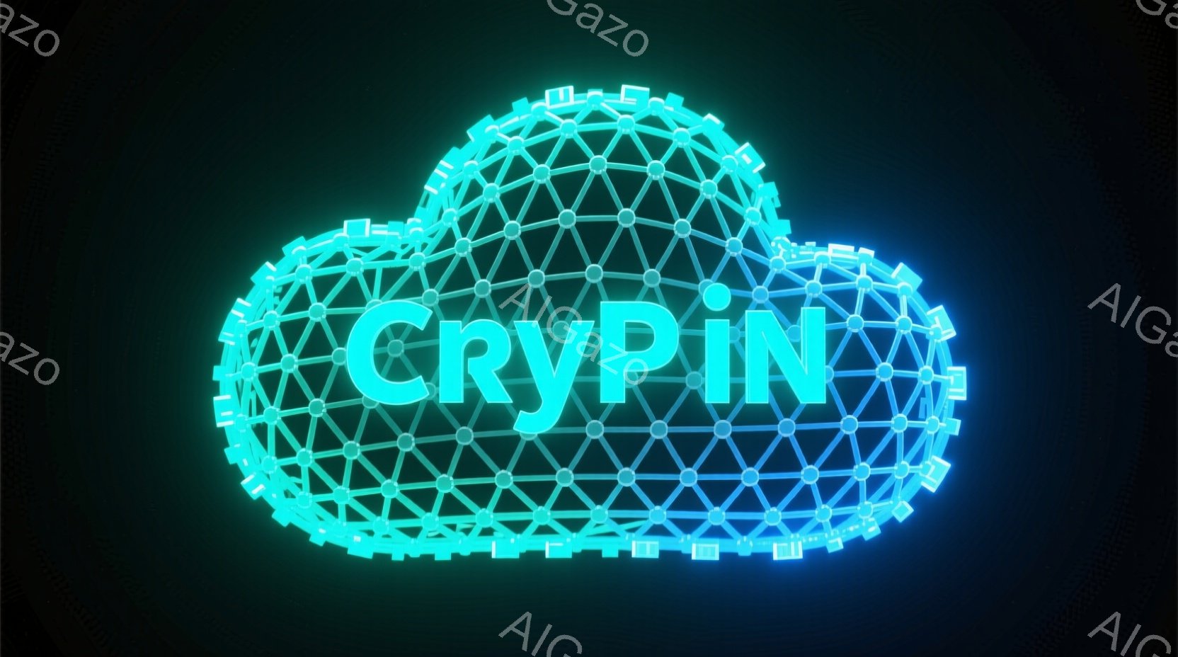 鮮やかなターコイズブルーの線で構成された雲が、黒色の背景に浮かび上がっています。雲は多角形で構成された網目状の構造で、未来的な印象を与えます。雲の中央には、太字の白色で「CryPIN」という文字が大きく表示されています。