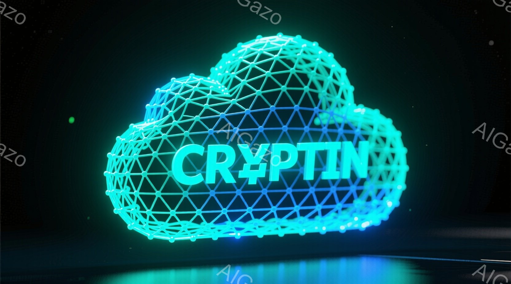 鮮やかなターコイズブルーのワイヤーフレームで構成された雲が、暗い背景に浮かび上がっています。雲の中には「CRYPTIN」という文字が光っており、デジタルな空間やネットワークを想起させます。下部には光の反射が見られ、水面や鏡面のような印象を与え、全体的に未来的な雰囲気を醸し出しています。