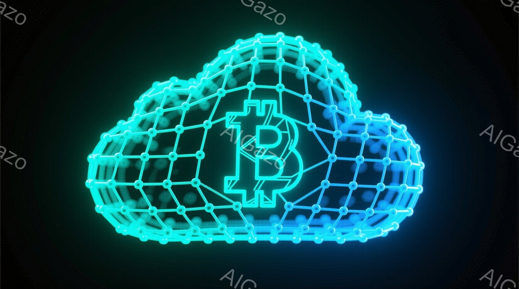 鮮やかな青色の光る線で構成されたビットコインのロゴが、雲のような形状の中に浮かび上がっています。ロゴは複雑なネットワークのノードと線で構成され、デジタル技術と接続性を象徴しています。背景は暗く、ロゴが際立って見えます。