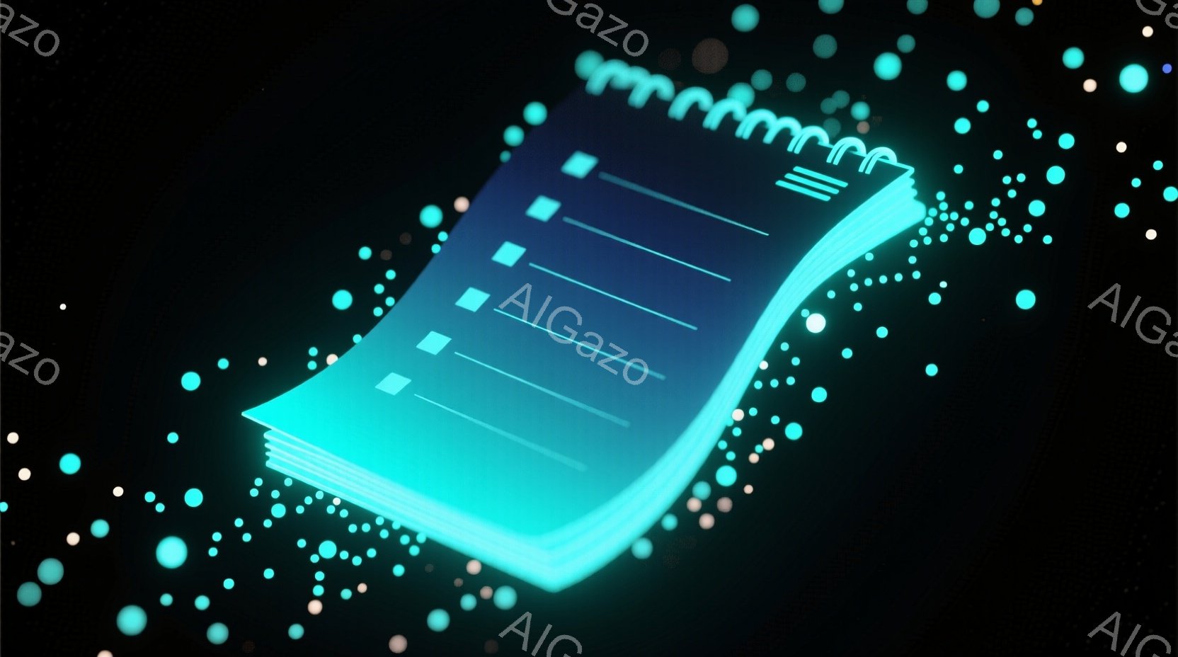 鮮やかなターコイズブルーのノートが、暗い背景に浮かび上がっています。ノートは開きかけで、チェックボックスのリストが少し見え、未来的な印象を与えます。ノートの周囲には、小さな光の粒子が散りばめられ、幻想的でデジタルな雰囲気を醸し出しています。