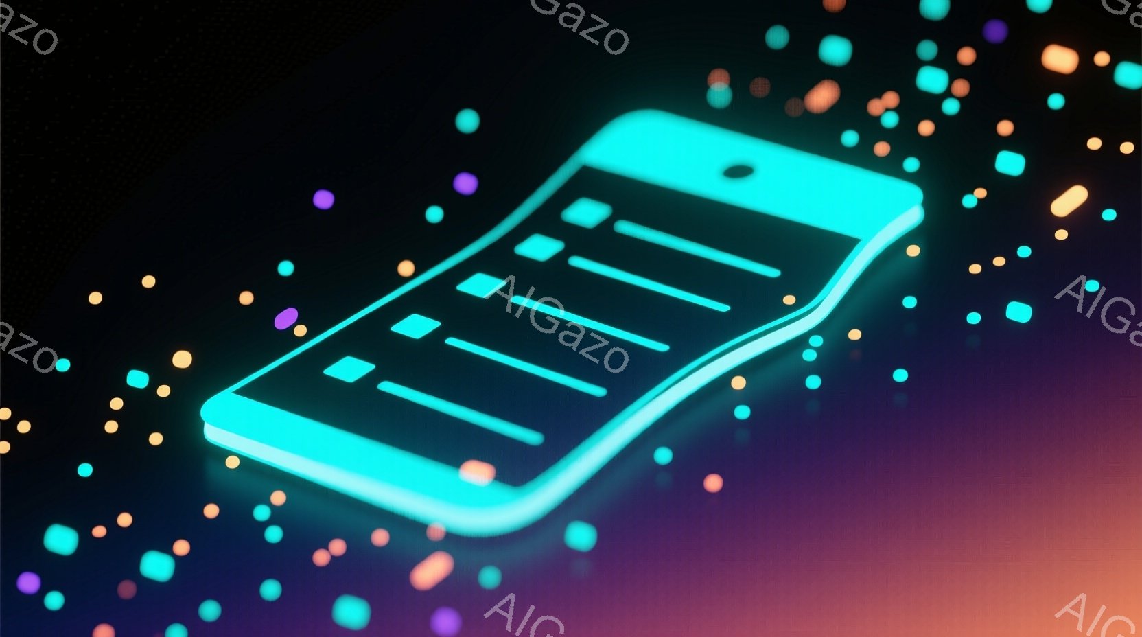 鮮やかなターコイズブルーのスマートフォンが、紫とオレンジが混ざり合った背景に浮かんでいる。画面には複数の水平線が描かれ、未来的なインターフェースを思わせる。背景には、小さな光の粒子が散りばめられ、幻想的な雰囲気を醸し出している。