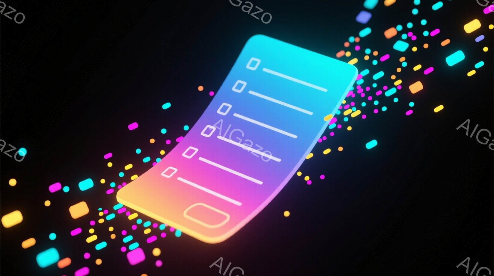 鮮やかなグラデーションがかかった長方形のオブジェクトが、暗い背景に浮かび上がっています。オブジェクトにはチェックボックスが並んでおり、リストやタスク管理を想起させます。周囲にはカラフルな光の粒子が舞い散っており、近未来的な雰囲気を醸し出しています。