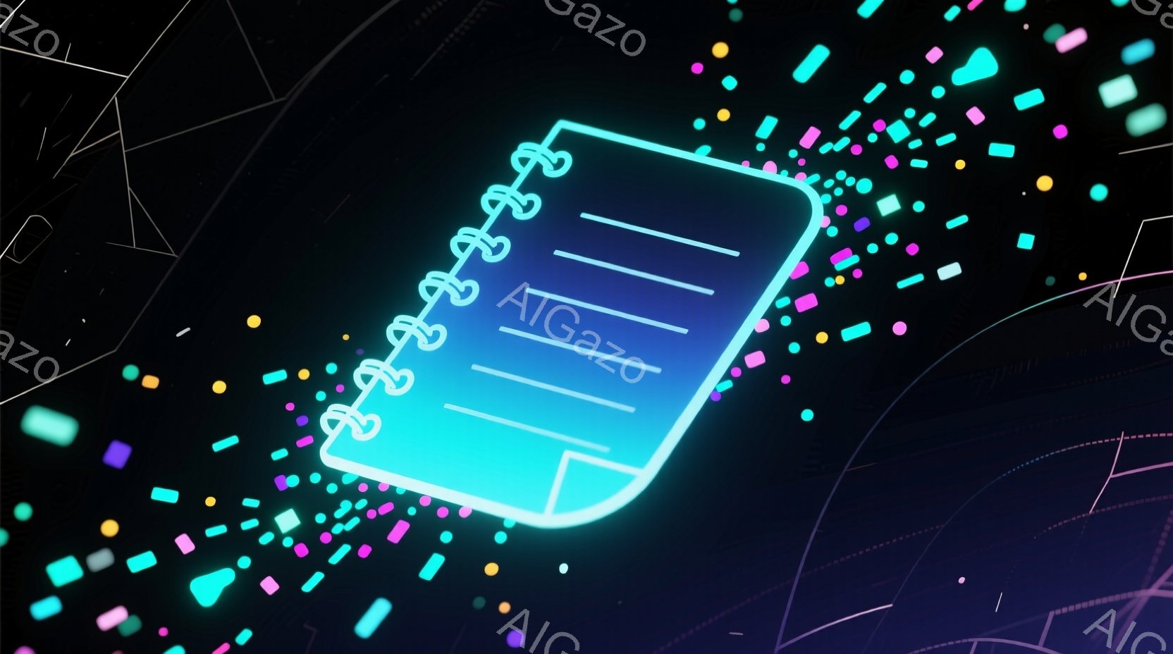 鮮やかな水色と紫色の光を放つスマートフォンが、暗い背景に浮かび上がっています。周囲には小さな光の粒子が散りばめられ、まるでデジタルな空間に漂っているような印象を与えます。全体的に近未来的で、サイバーパンク的な雰囲気を醸し出しています。