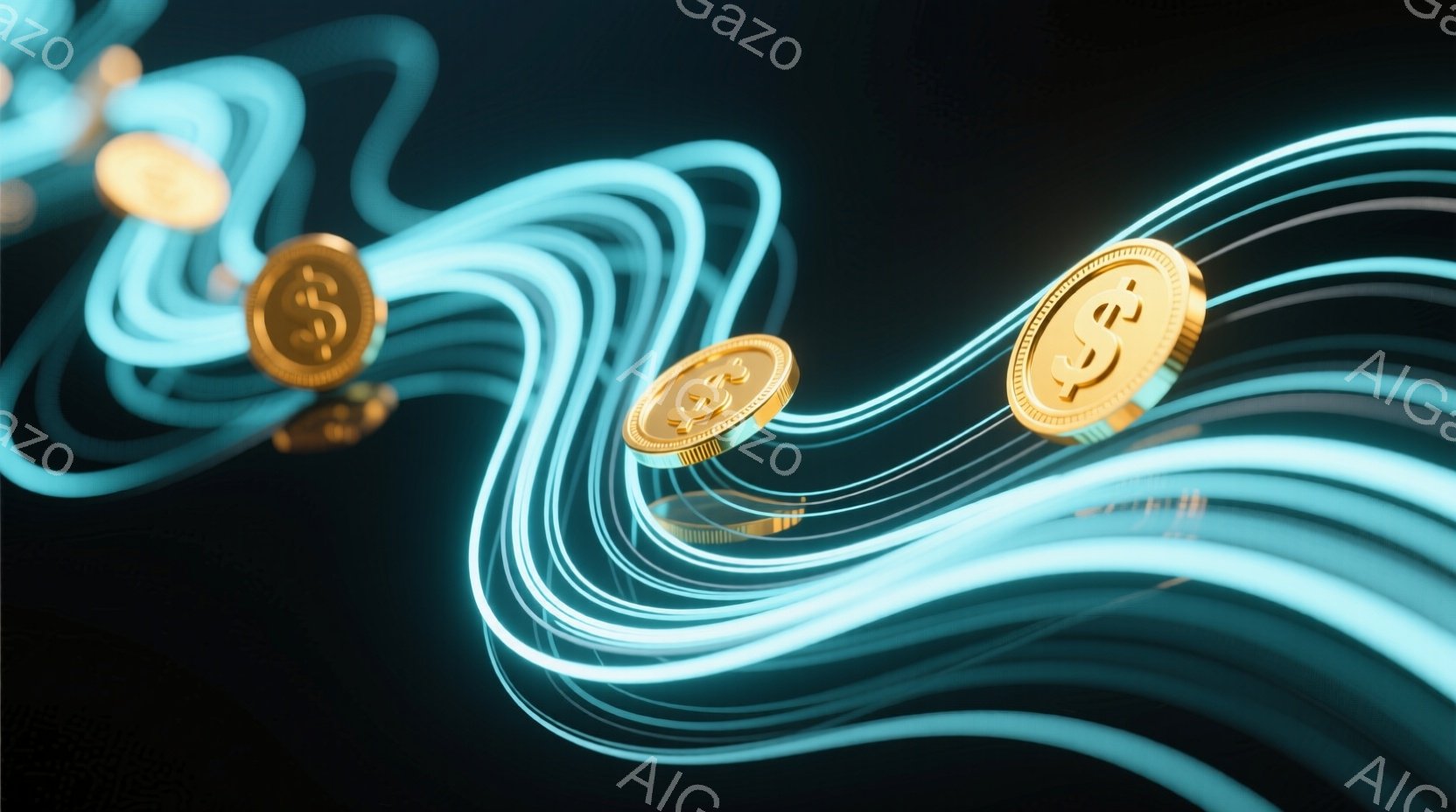 鮮やかな青色の光の線が渦巻き状に背景を彩り、その中に金色のドルの硬貨が複数浮かんでいる様子が描かれている。光の線は流動的で躍動感があり、硬貨はまるで光の中に漂っているかのような印象を与える。 全体的に近未来的で幻想的な雰囲気が漂うデジタルアート作品である。