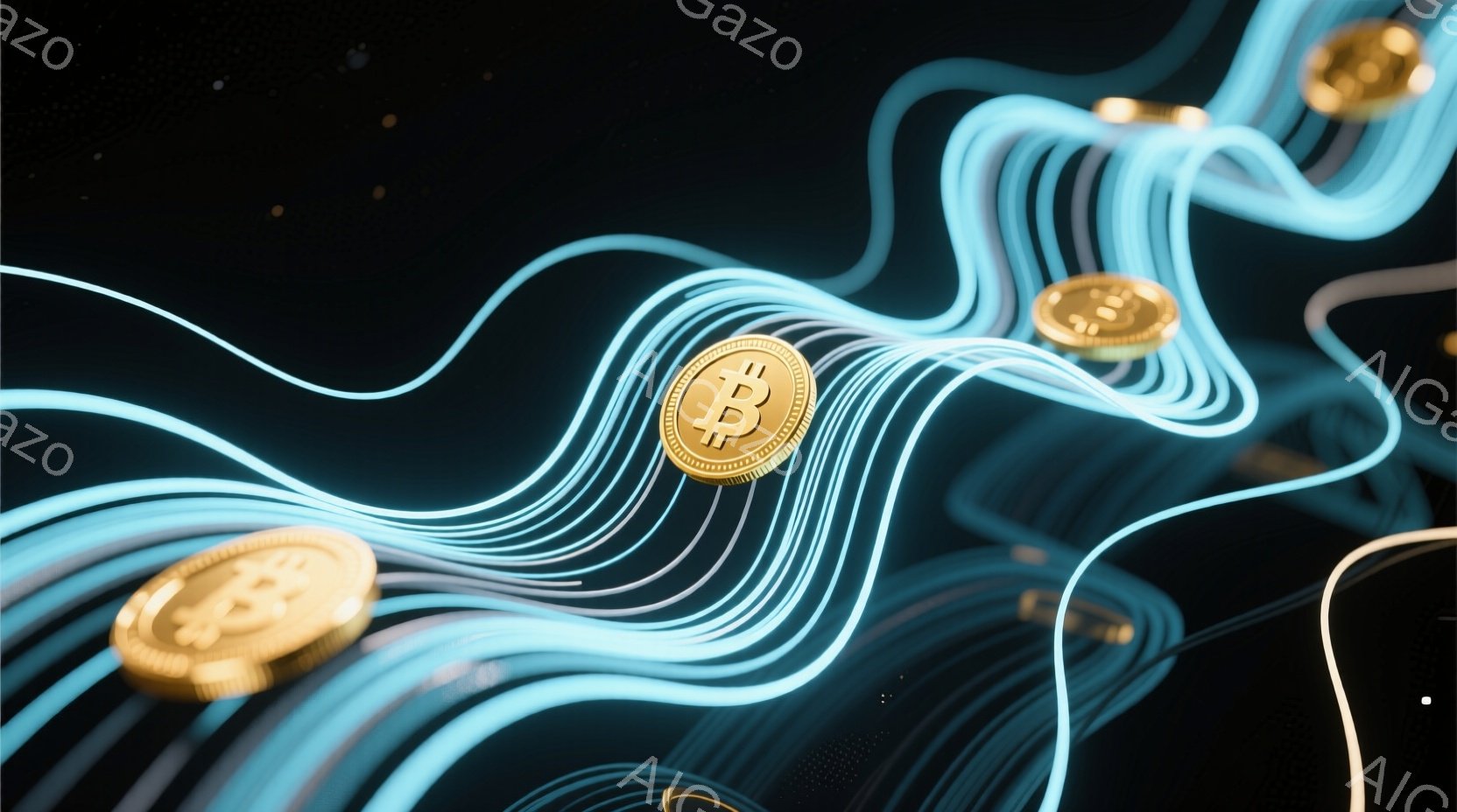 画像は暗い背景に、金色のビットコインが複数、光の線によって繋がれている様子を描写しています。光の線は曲線的で、まるでエネルギーの流れやネットワークを視覚化したような印象を与えます。全体的に未来的な雰囲気で、仮想通貨やブロックチェーン技術を連想させるデザインです。