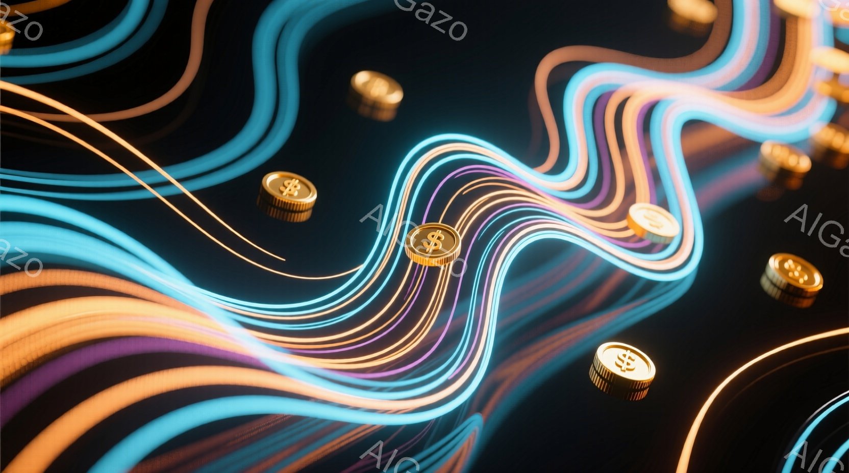 鮮やかなネオンカラーの光線が、暗い背景の中で流れるように渦巻いている。金色のコインが数か所に浮かび、光線とコントラストをなしている。全体として、未来的なエネルギーと富を連想させる抽象的なイメージである。