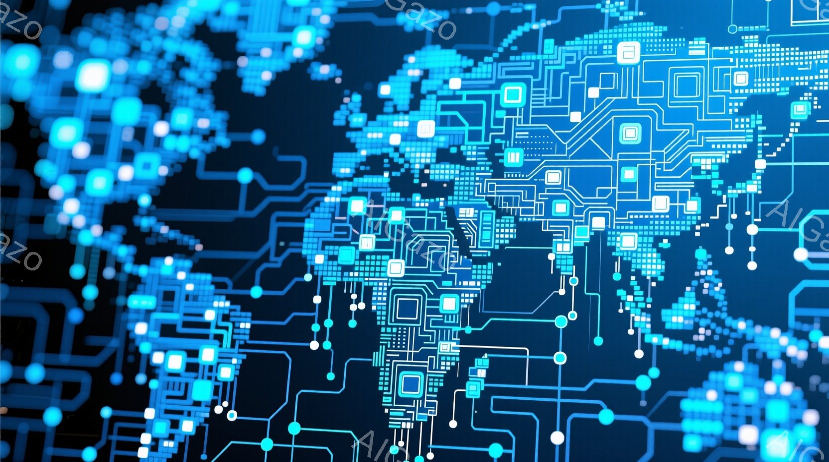 この画像は、複雑な回路基板のような青い線と点が網羅されたデジタルな表現で構成されています。線は世界地図のような形状を形成し、接続されたノードがネットワークを彷彿とさせます。全体的に、未来的なテクノロジーとグローバルな接続性を象徴する、抽象的で鮮やかなイメージです。