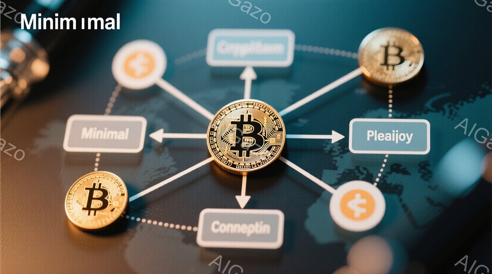 鮮やかな背景にビットコインが配置されており、放射状にいくつかの四角いボタンが配置されています。ボタンには「Minimai」「Orggitan」「Pleaijoy」「Conneptin」という言葉が書かれており、それぞれが点線でビットコインの中心に繋がっています。背景は世界地図の一部がぼやけて写っており、全体的にデジタル通貨とグローバルな繋がりを想起させる構成となっています。