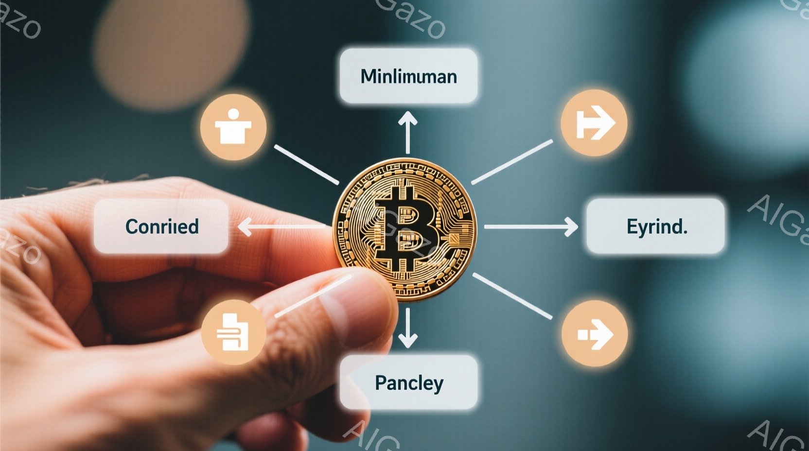 焦点は、金色のビットコインのシンボルを保持する手の前にあります。手は肌色で、指紋がはっきり見えます。背景はぼやけており、さまざまな色の丸いラベルがシンボルから放射状に伸びており、それぞれに「Minliman」「Eyrind」「Pancley」「Conried」というラベルが貼られています。