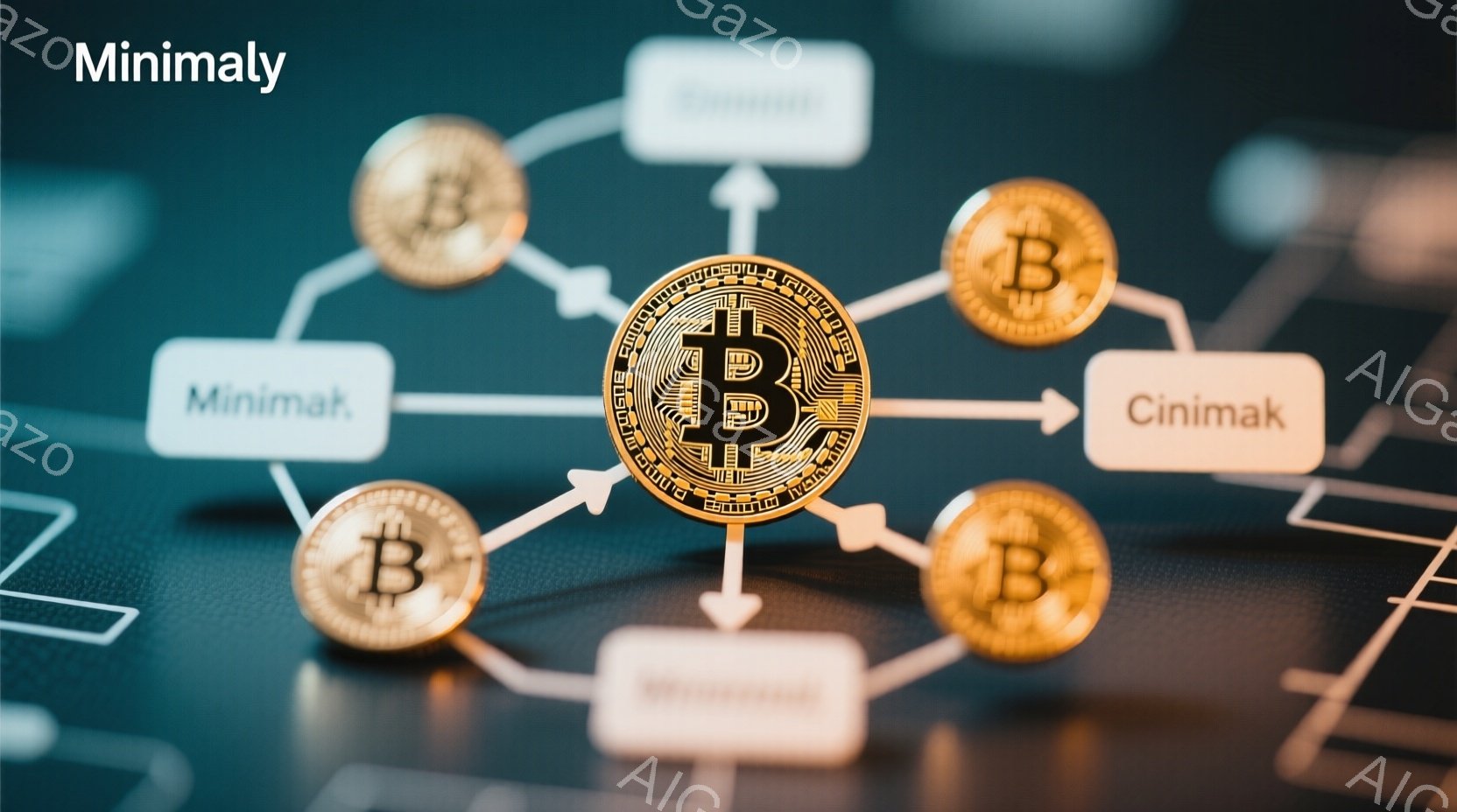 鮮やかな背景にビットコインのアイコンが中央に配置され、周囲には金色のコインが放射状に配置されています。コインは、線で結ばれた長方形の白い箱と接続されており、それぞれの箱には「Minimally」や「Cinimak」といったテキストが書かれています。 全体的に、暗号通貨や金融テクノロジーをテーマにした構成で、近代的な雰囲気を醸し出しています。