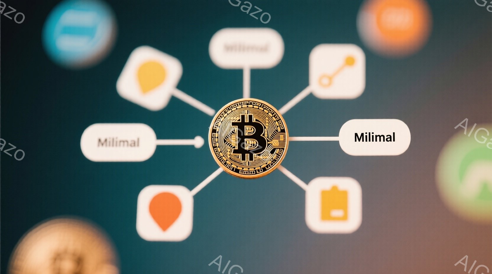 鮮やかなターコイズブルーの背景に、金色のビットコインのアイコンが中央に配置されています。その周りには、オレンジ、ターコイズ、赤、黄色の丸いアイコンが放射状に配置され、それぞれに「Milimal」という文字が書かれています。 全体的に、暗号通貨やデジタル金融を象徴する、モダンでミニマルな印象の画像です。