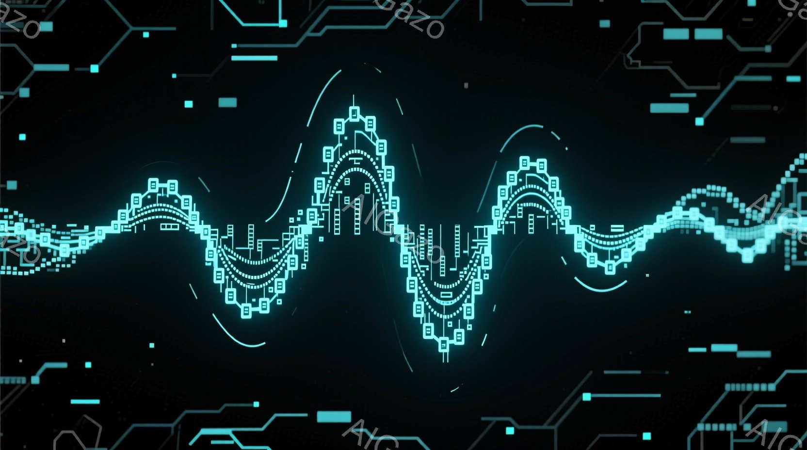 鮮やかなターコイズブルーの線が、暗い背景に複雑な波形を描き、まるで電子回路のようなパターンを形成しています。線は、小さな四角いブロックで構成された、未来的な都市景観を連想させるような構造を持ち、幾何学的な建物と道路が浮かび上がっています。全体的に、テクノロジーと都市景観を融合させた、サイバーパンク的な雰囲気を感じさせます。