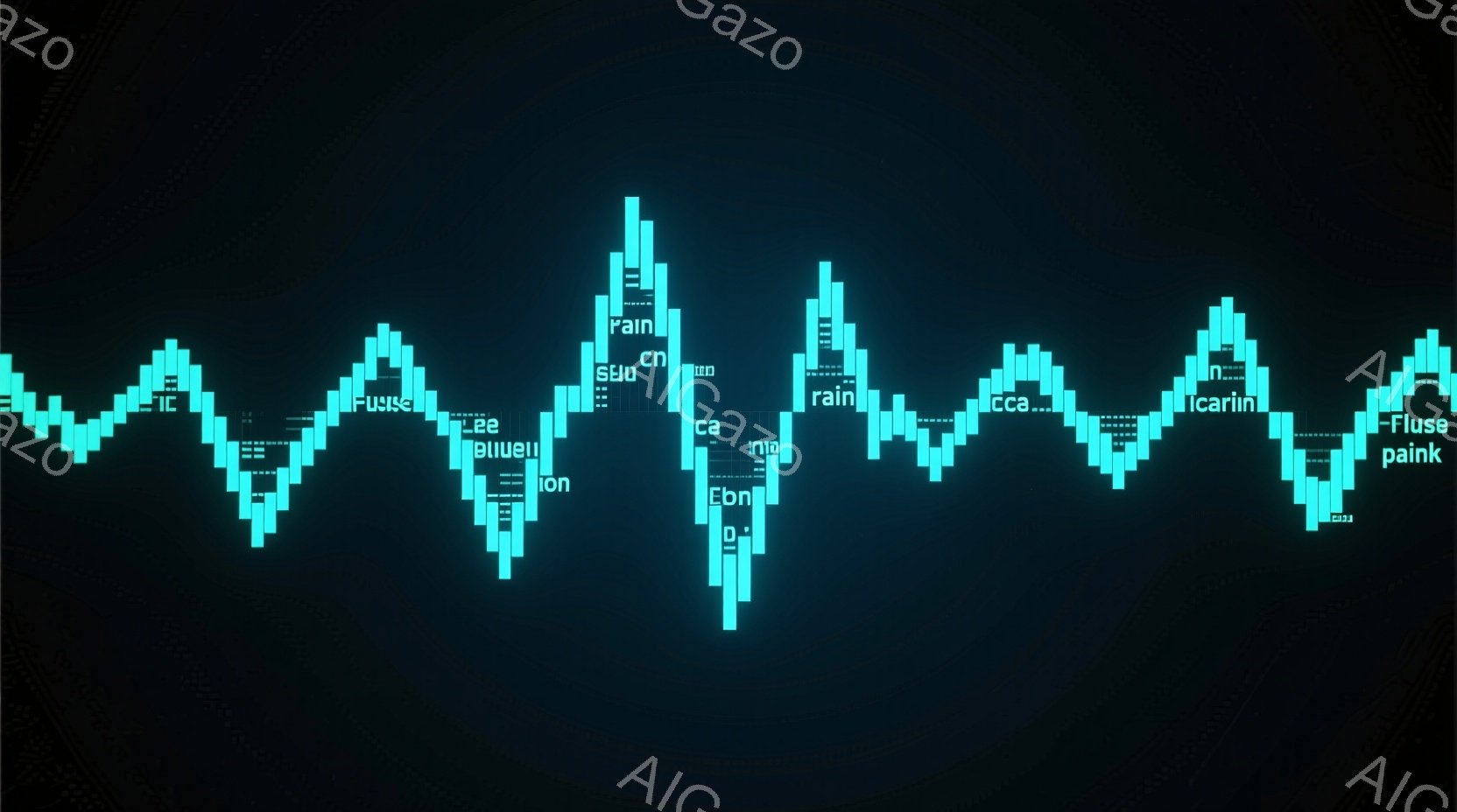 鮮やかなターコイズブルーのピクセル化された波形が、黒色の背景に大きく広がっています。波形は、まるで音響信号を視覚化したような形をしており、全体的に未来的な印象を与えます。背景は完全に暗く、波形が際立って見えています。