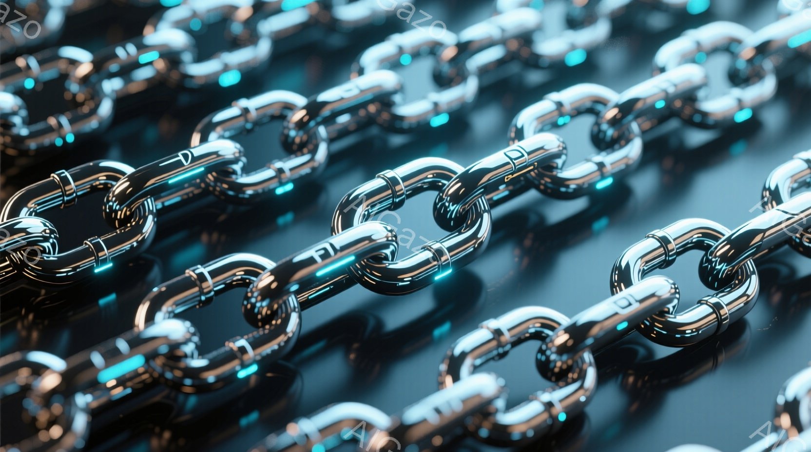光沢のある金属製のチェーンが、暗い背景の上を複雑に絡み合って広がっている。チェーンの各リンクは精密に細工されており、青い発光が内部から漏れ出し、未来的な印象を与える。全体的に、クールでテクノロジー感溢れる、静的な雰囲気である。