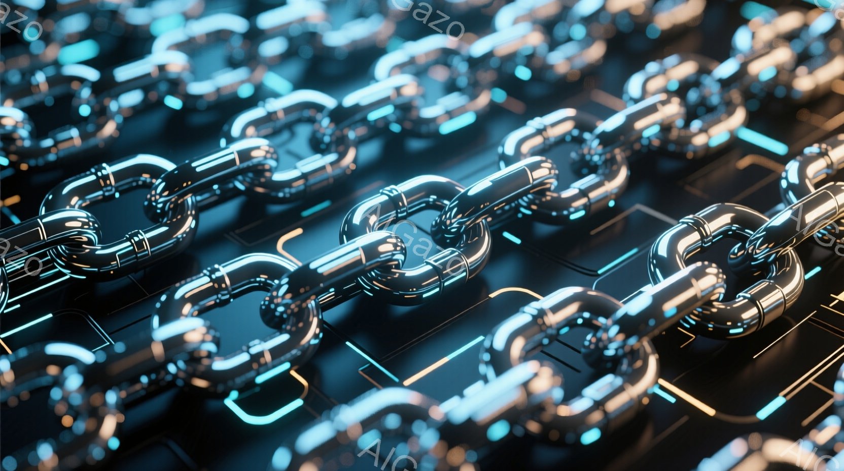 鮮やかなネオンライトで照らされた、未来的なチェーンのネットワークが広がっている。チェーンは金属的な光沢を持ち、青とオレンジの光が複雑に絡み合っている様子が印象的だ。背景は暗く、チェーンの光が際立っており、デジタルで洗練された雰囲気を醸し出している。