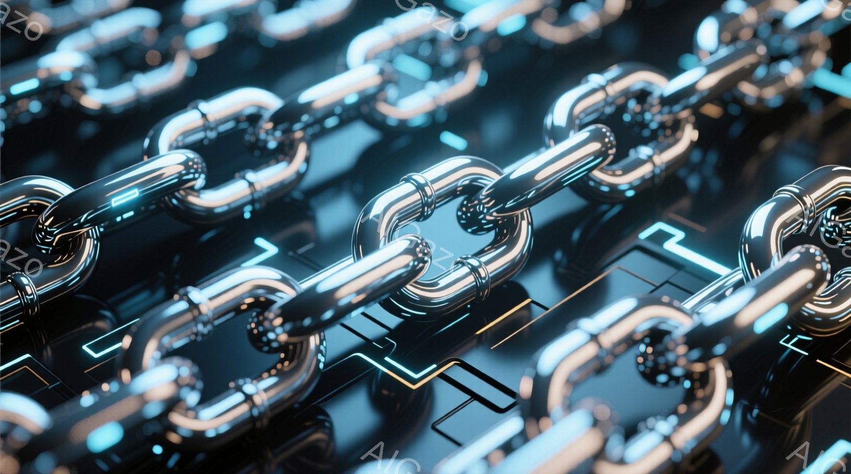 鮮やかなネオンライトが光る、未来的な回路を模した背景に、クロームメッキされた金属製のチェーンが複雑に絡み合っている。回路は暗い背景の中で光を放ち、チェーンは光沢があり、緻密なデザインを強調している。全体的に、技術と工業的な美しさを組み合わせた、洗練されたデジタルアートの雰囲気である。