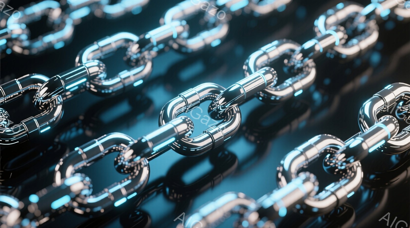 光沢のある金属製の鎖が、暗い青色の背景を埋め尽くしています。鎖の各リンクは、未来的な光のラインで強調されており、高解像度で精密な質感が表現されています。全体的に、冷たく、洗練された、テクノロジーを感じさせる雰囲気です。