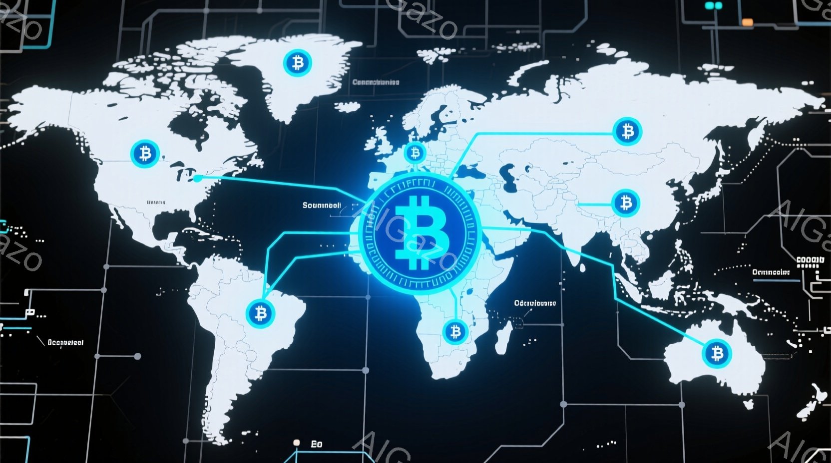 この画像は、世界地図を背景に、ビットコインのロゴが光る線で繋がれた様子を描いています。大陸ごとにビットコインのアイコンが配置され、グローバルなネットワークと仮想通貨の普及を示唆しています。全体的に青と白を基調としたクールな配色で、未来的な雰囲気を醸し出しています。