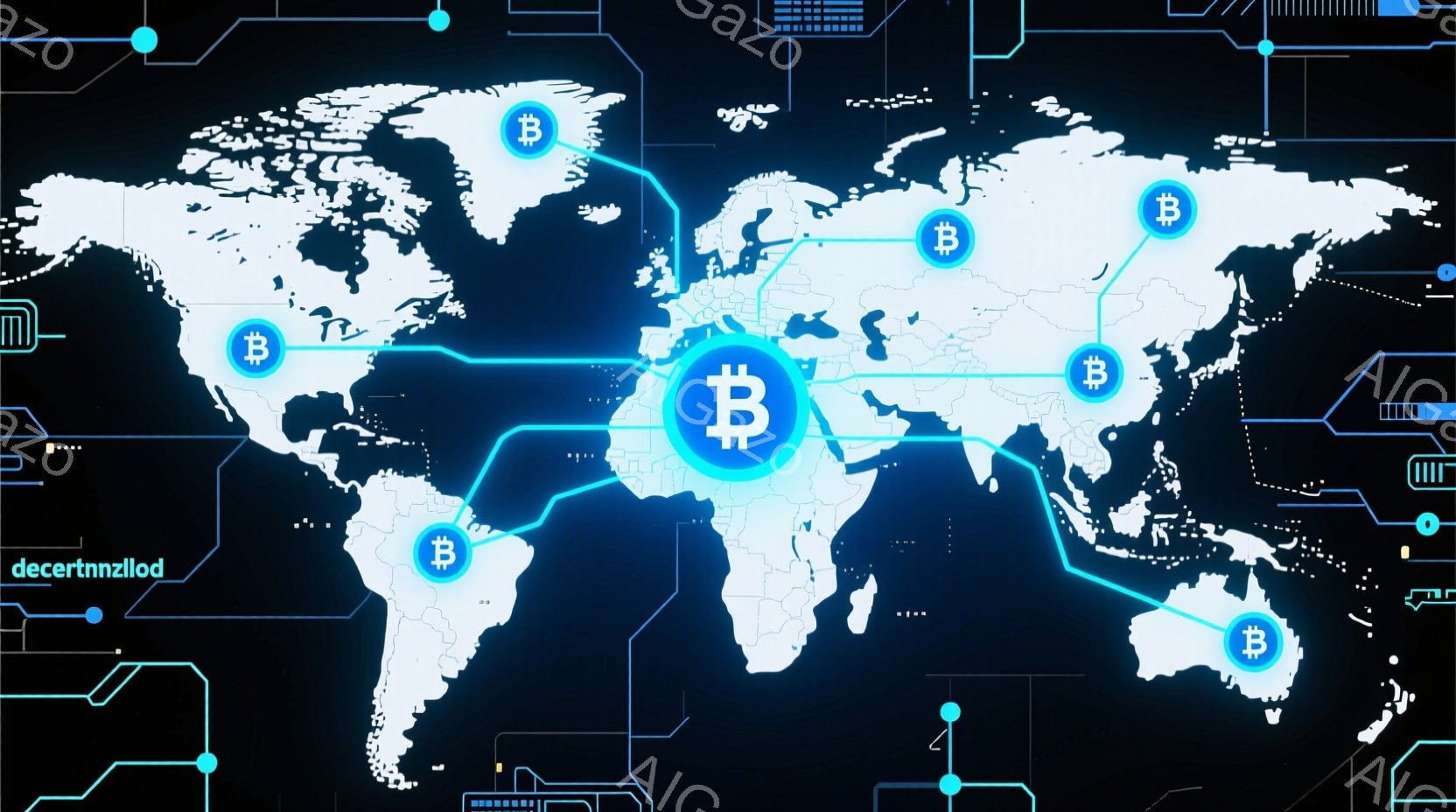 この画像は、明るい青色の地球儀を描いており、大陸と国境がはっきりと強調されています。世界各地の特定の位置には、ビットコインのアイコンが配置されており、それらは光の線で接続されています。背景は暗く、技術的な回路や接続を示す線と光点が散りばめられており、全体的にデジタルで未来的な雰囲気です。
