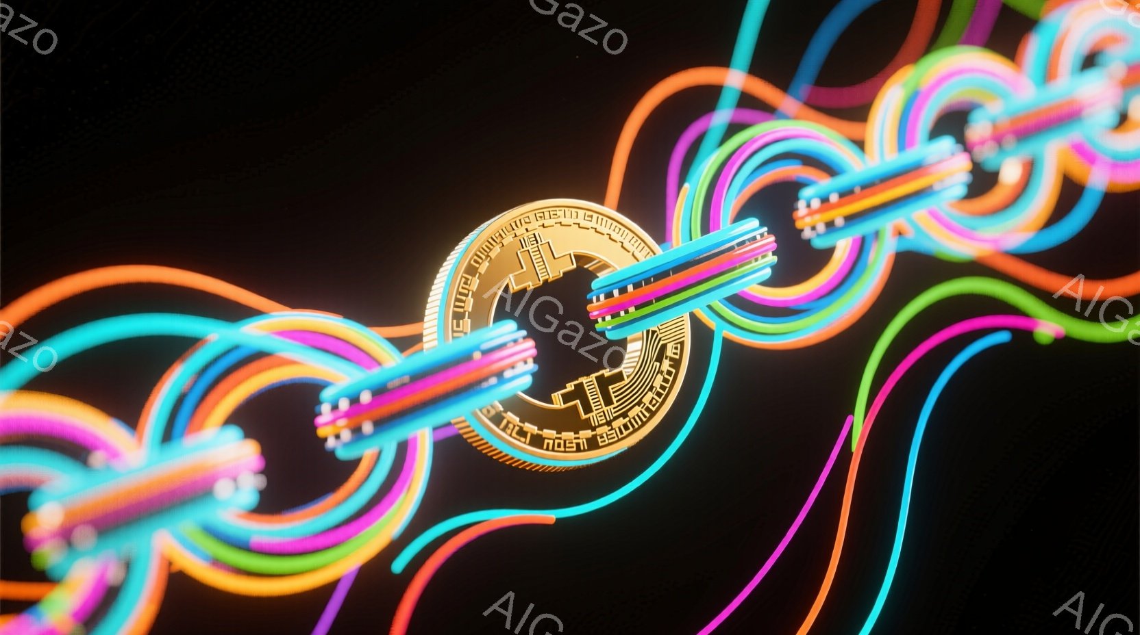 鮮やかなネオンカラーの管が絡み合い、ビットコインのロゴがところどころに浮かび上がっています。背景は暗い黒色で、管の発光が際立っています。全体的に未来的な、テクノロジーを感じさせる雰囲気です。