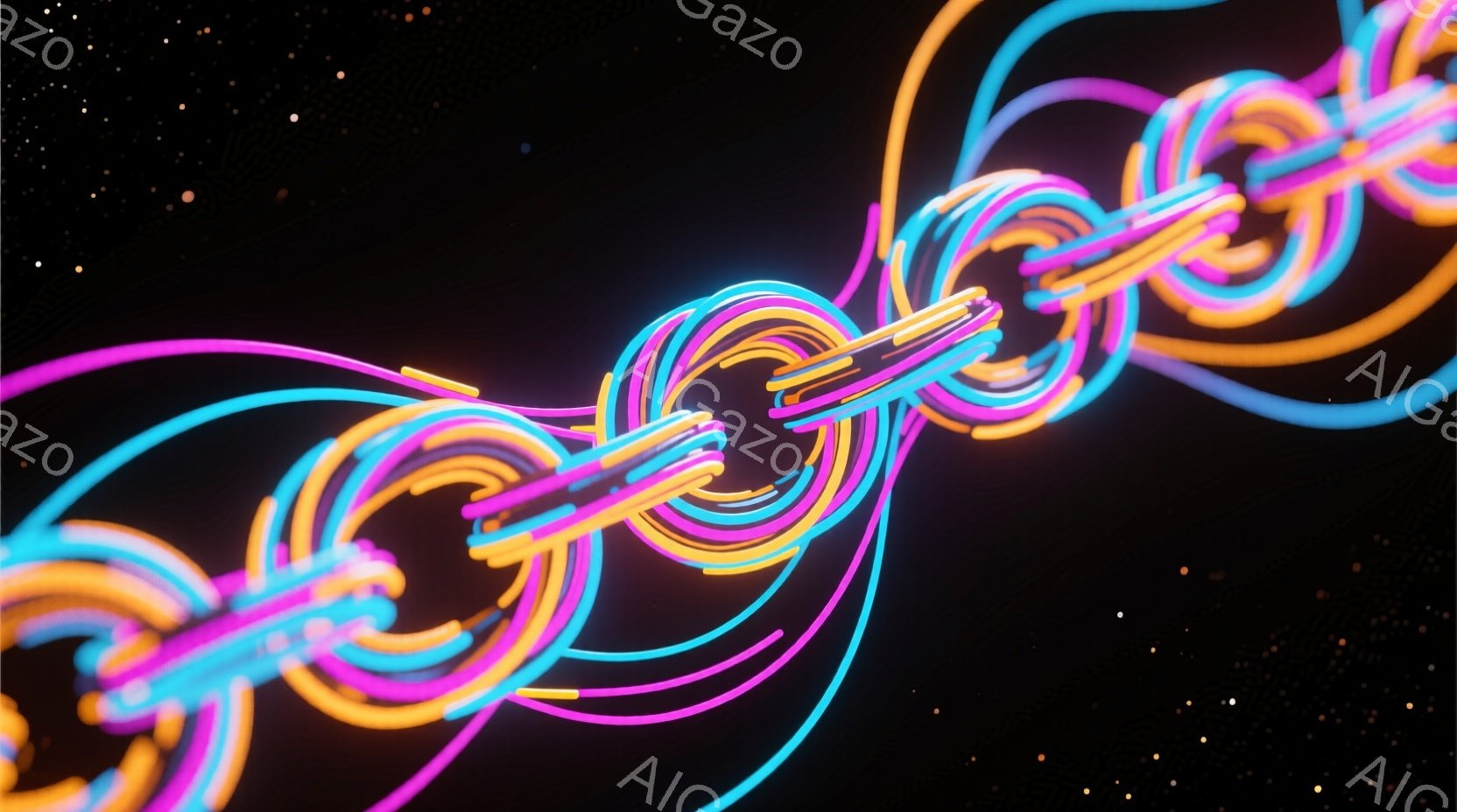 鮮やかなネオンカラーのラインが絡み合い、まるで光のチェーンのような構造を形成しています。オレンジ、ピンク、青緑色のラインが複雑に交差し、暗い背景に際立ち、未来的な印象を与えます。全体的に抽象的で、動きとエネルギーを感じさせるビジュアルです。