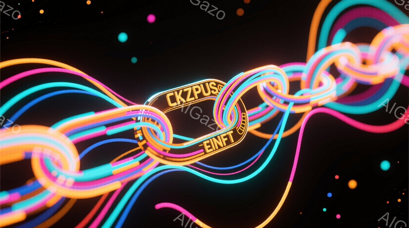 鮮やかなネオンカラーの光の線が複雑に絡み合い、ねじれたチューブ状の構造体を形成している。背景は暗く、ぼやけた光の粒子が散りばめられており、光の線がより際立って見える。全体的に近未来的で、サイバーパンク風の雰囲気を醸し出している。