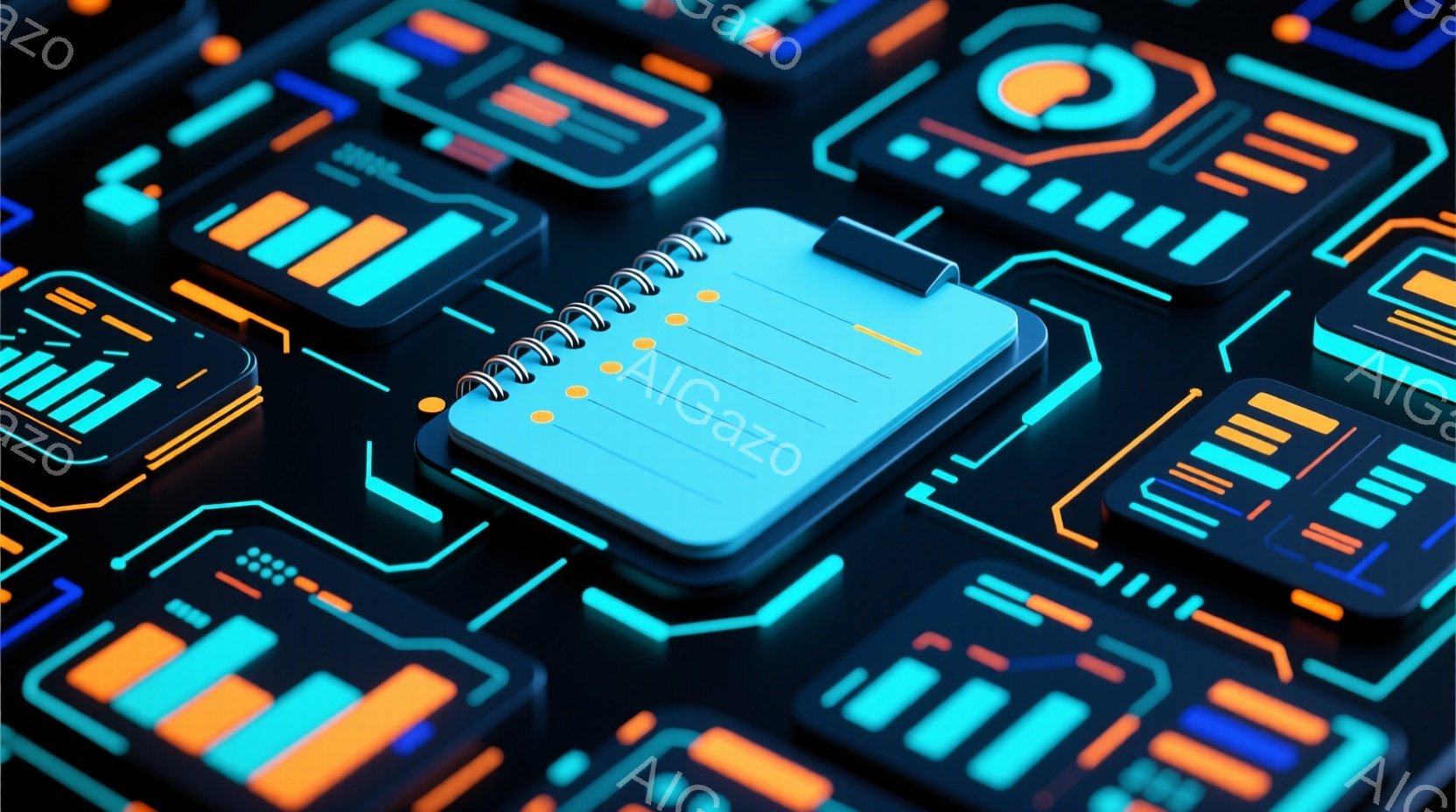 この画像は、ネオンカラーの幾何学的な形状が密集した抽象的な構成です。ターコイズブルーとオレンジ色の光る線が描かれた立方体や長方形が複雑に配置され、未来的な回路基板やデジタルインターフェースのような印象を与えます。全体的に、鮮やかでテクノロジー感溢れる、サイバーパンク的な雰囲気を醸し出しています。