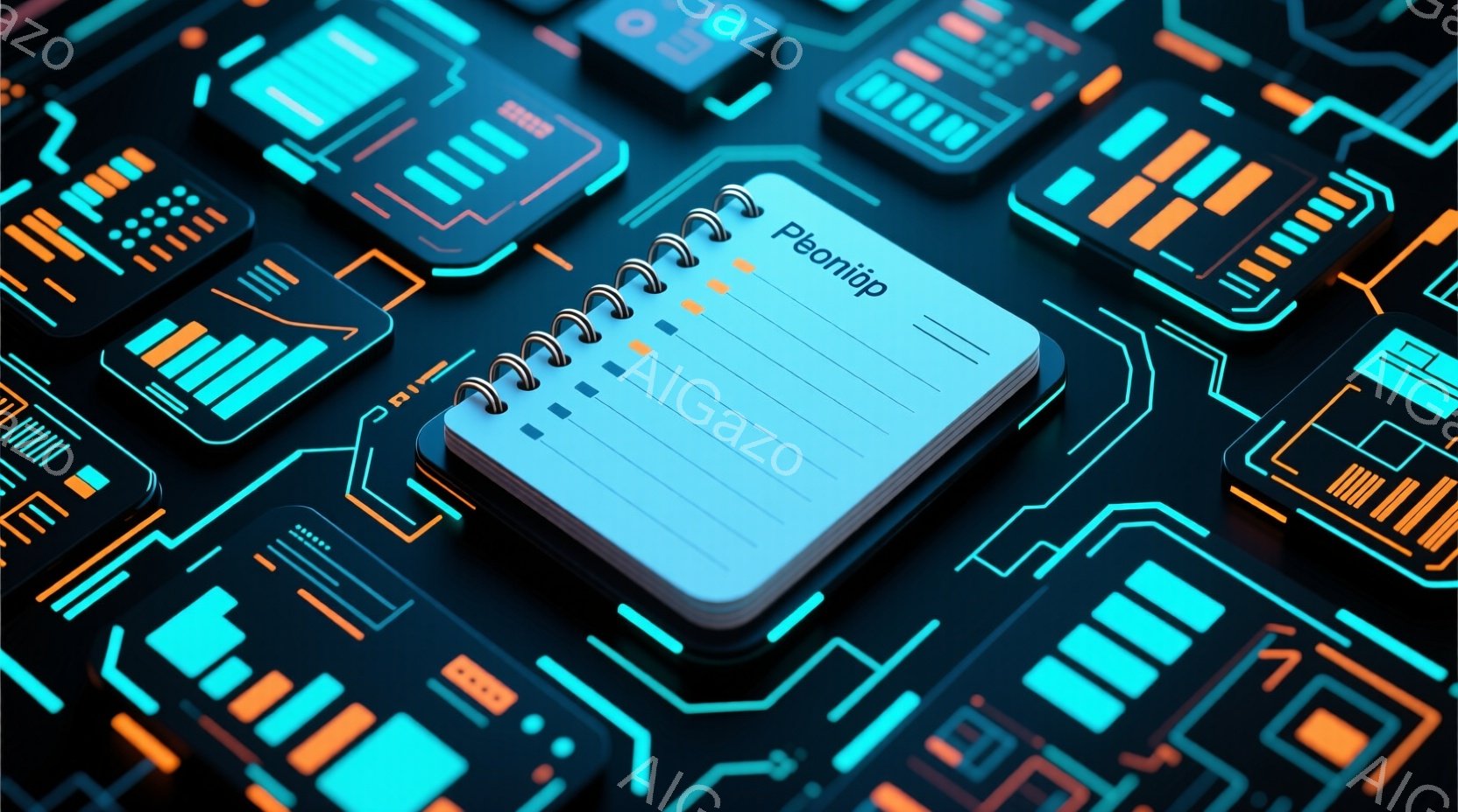 鮮やかなターコイズとオレンジ色の電子回路を背景に、白いノートが置かれています。ノートはスパイラル綴じで、数ページがめくられています。全体的に未来的な雰囲気で、テクノロジーと創造性の融合を表現しているように見えます。