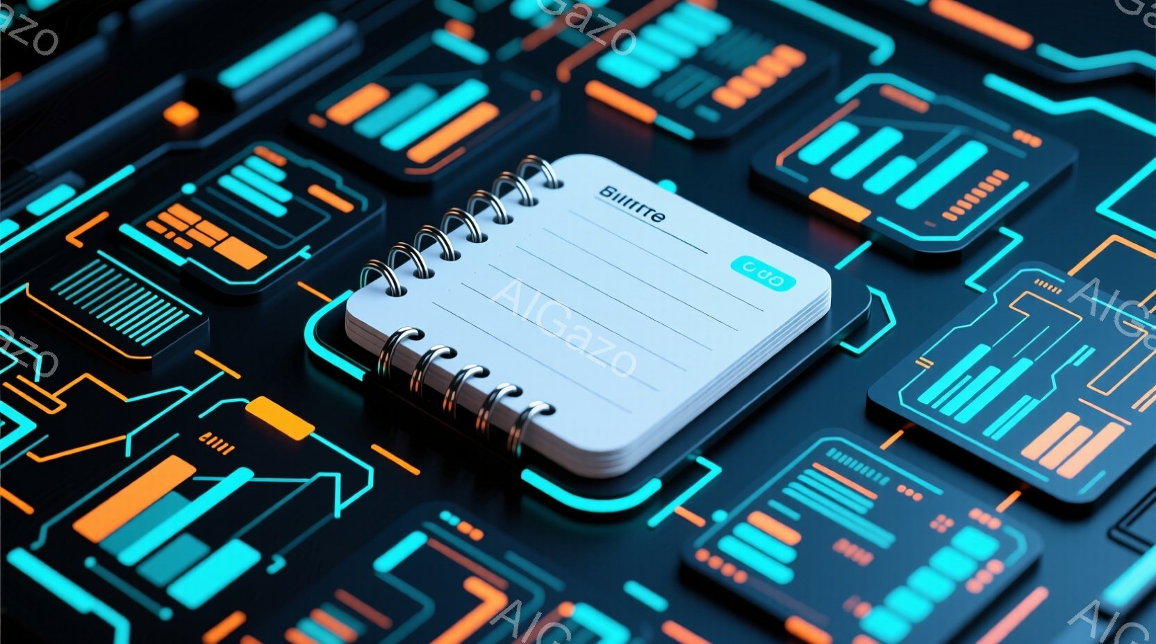 鮮やかなターコイズと青色の回路基板が密集した背景に、白いメモ帳が置かれています。メモ帳は開いており、薄いクリーム色の紙面が覗き、スパイラル綴じが特徴的です。全体的に未来的な技術とアナログな記録媒体の対比が印象的な、クールで洗練された雰囲気です。