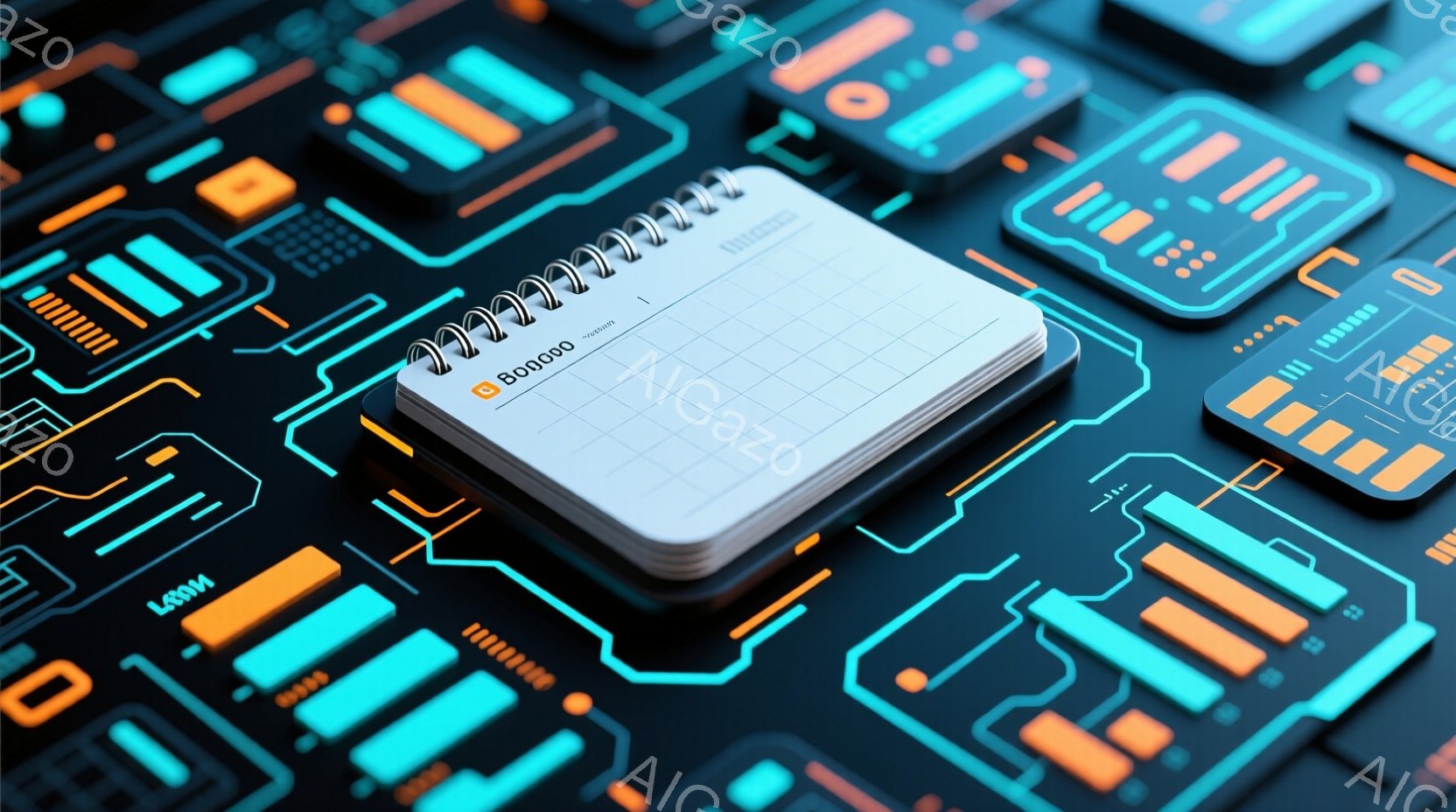 画像は、暗い背景に鮮やかなターコイズブルーとオレンジ色の回路が複雑に配置された、未来的なテクノロジーの情景を描いています。回路の中に、白い紙のノートが置かれており、その上に黒い線で方眼が描かれています。全体的に、デジタルとアナログが融合した、知的な雰囲気を醸し出しています。