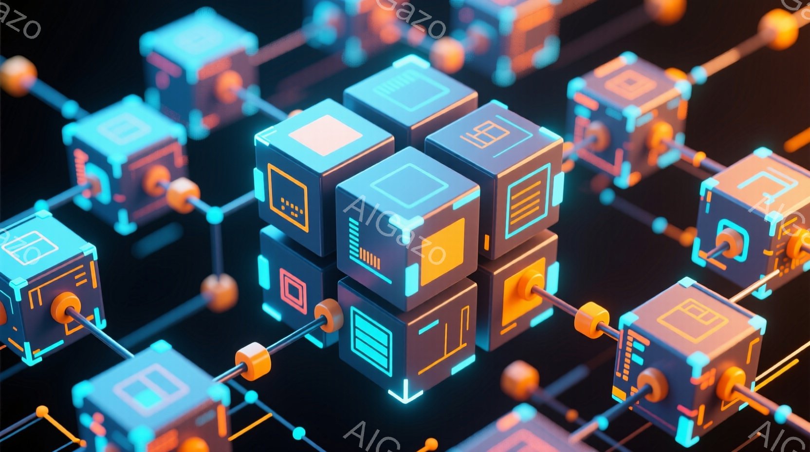 この画像は、鮮やかなネオンカラーで照らされた、立方体と円柱が繋がった抽象的な構造物のパターンを描いています。各立方体には異なるアイコンが表示されており、未来的なインターフェースやデータ接続を連想させます。全体的に、高科技でダイナミックな雰囲気を持ち、デジタル世界の複雑さを表現しているようです。