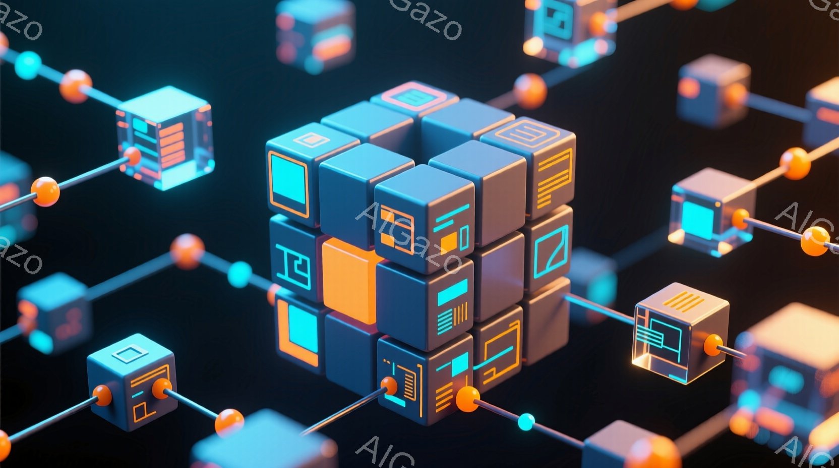 この画像は、暗い背景に浮かぶ、様々な電子機器のアイコンが描かれた立方体が連なったネットワーク構造を表現しています。各立方体はオレンジ色の光る線で繋がり、互いに情報を伝達しているかのような印象を与えます。全体的に未来的で、データ流通やコンピューターネットワークを象徴するような、クールで洗練された雰囲気です。
