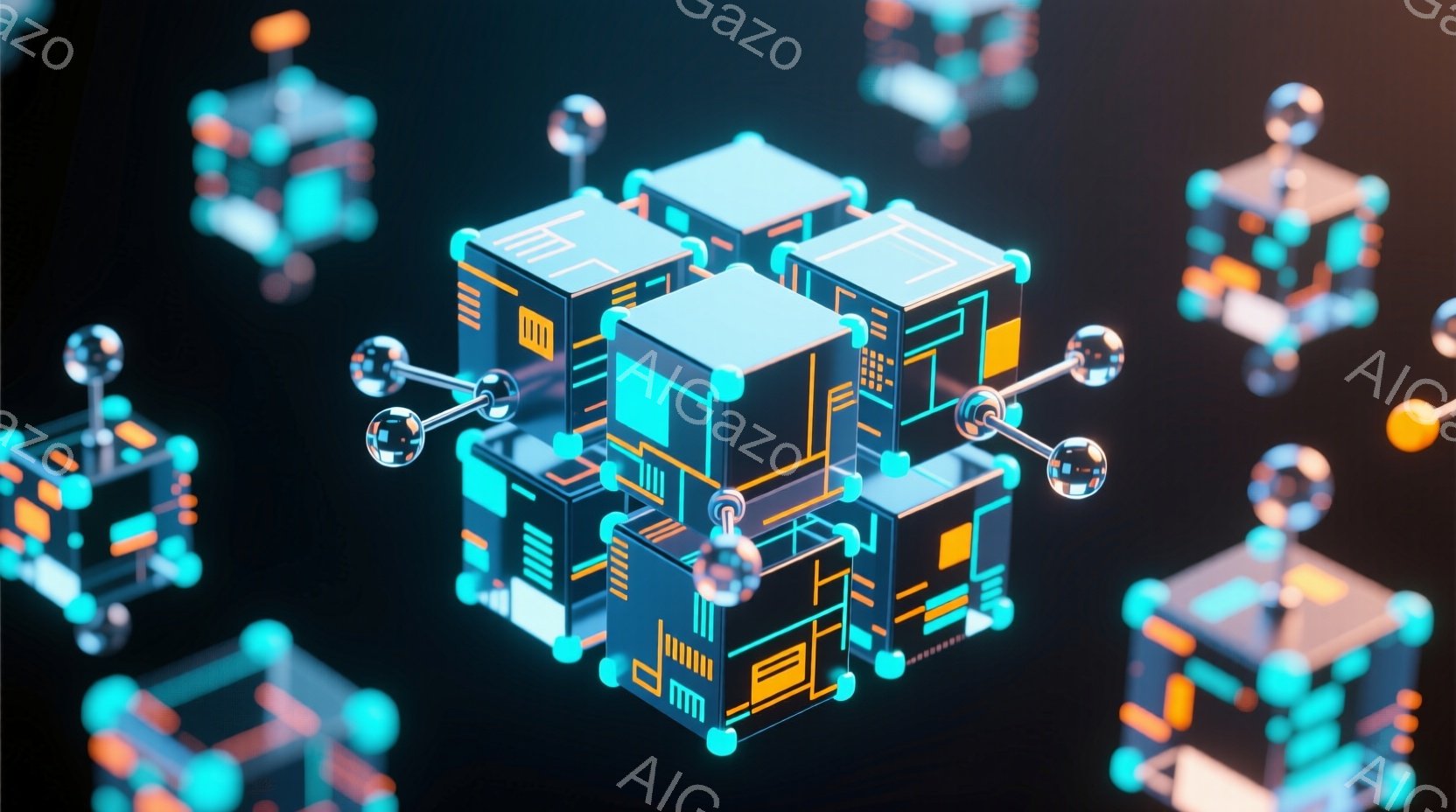 鮮やかなネオンブルーとオレンジ色の幾何学的な構造物が、暗い背景に浮かび上がっています。これらの構造物は、立方体をベースにした複雑なネットワークで構成され、光沢のある金属製の接続部で互いに繋がれています。全体的に、未来的なテクノロジーとデジタル接続性を連想させる、洗練された雰囲気です。