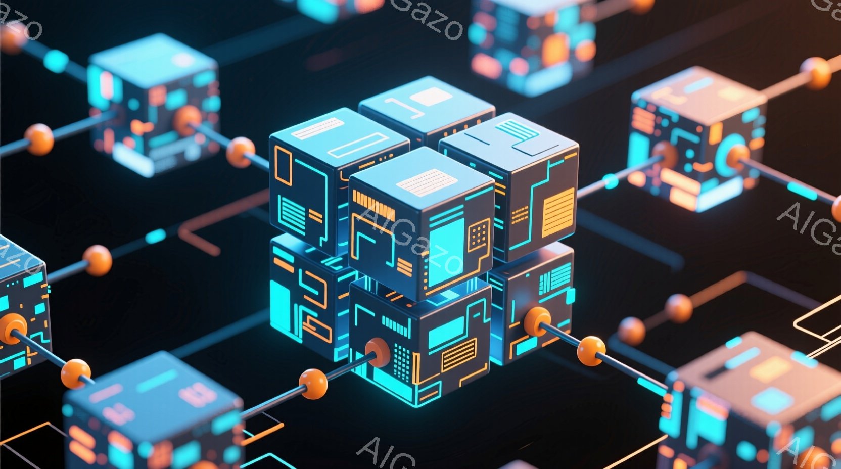 鮮やかなネオンブルーとオレンジの光が印象的な、未来的な構造物が多数並んでいる画像です。各構造物は立方体を積み重ねたような形状で、複雑な回路模様が刻まれています。暗い背景に浮かび上がり、まるでデジタル空間に存在するサイバーパンクな雰囲気を醸し出しています。